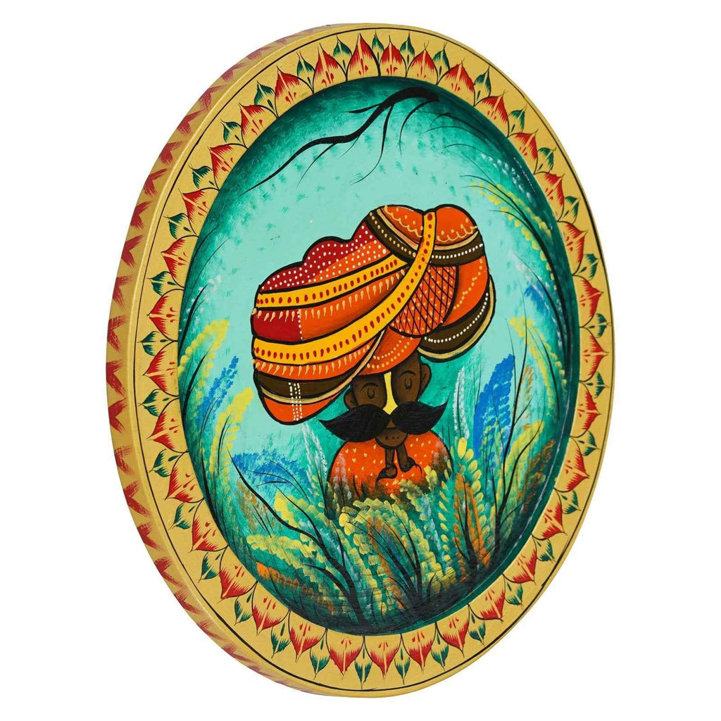 Wooden Pichwai Wall Plate-Lotus Crown Cow Design, Handcrafted (12x12 Inches)