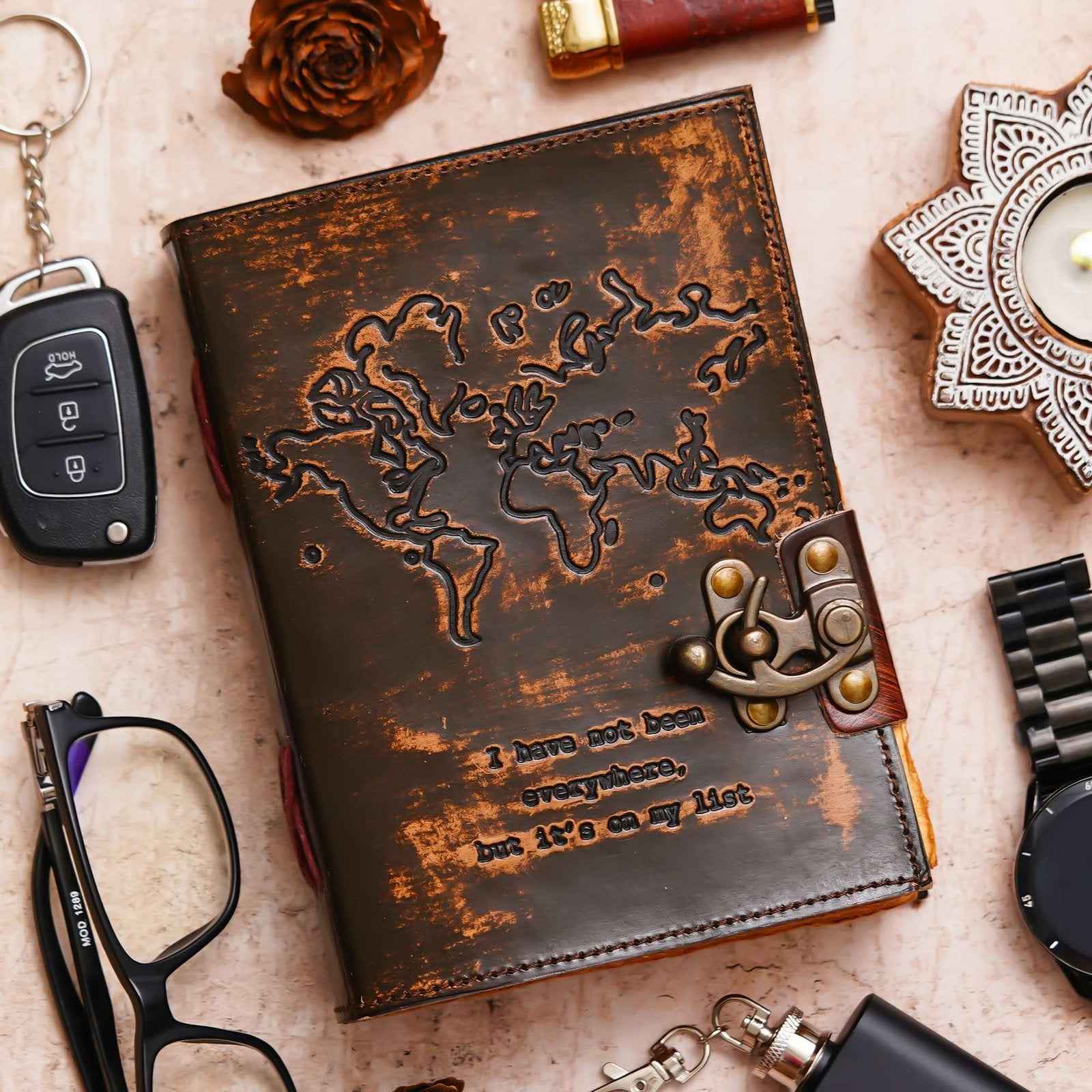 Vintage Handmade Genuine Leather Journal-Premium Antique Lock Closure-200 Handmade Brown Pages -7