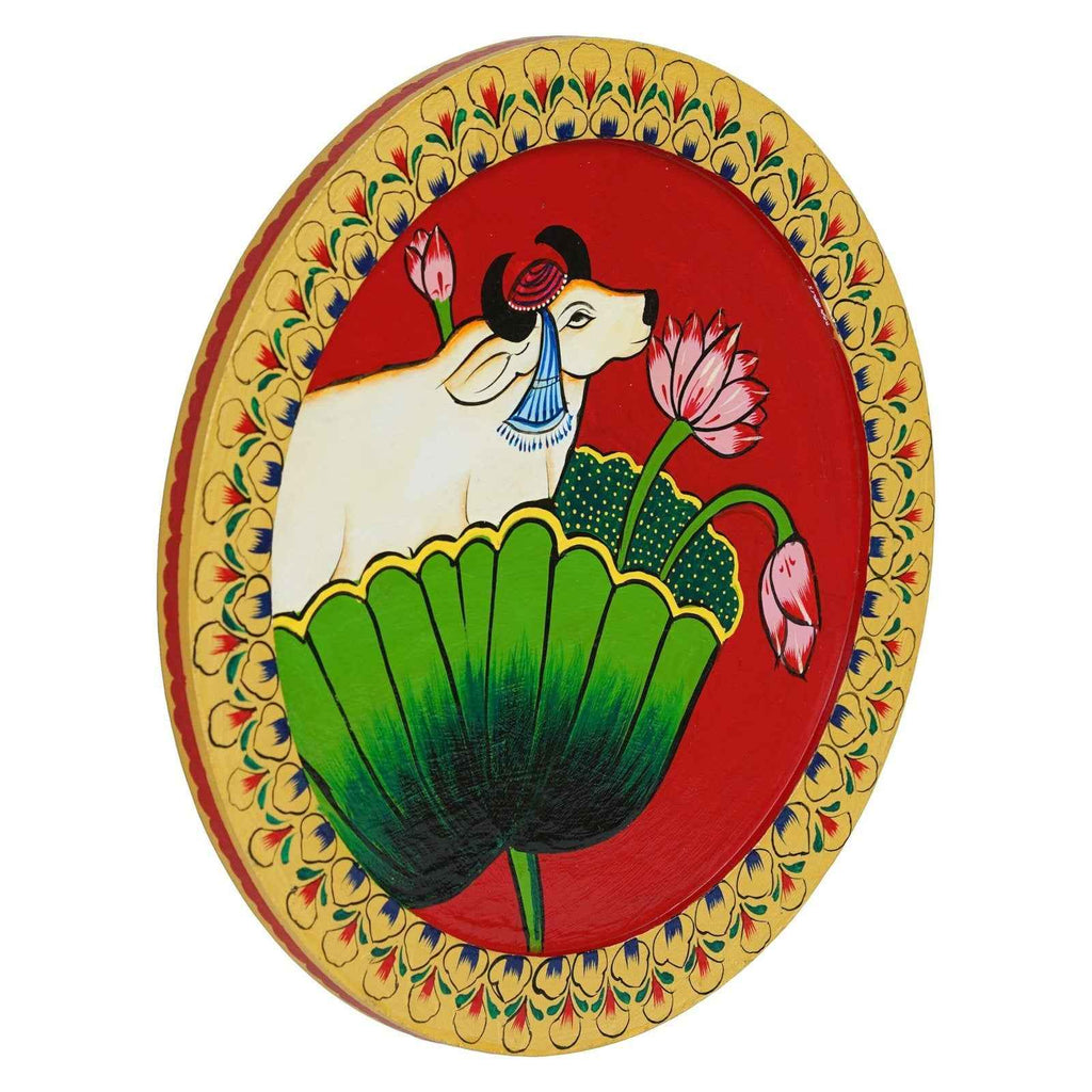 Handmade Ethnic Wall Plate-Pichwai Cow Art for Living Room (12x12 Inches)