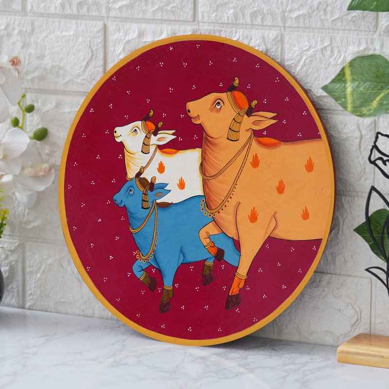 Hand-Painted Pichwai Plate-Lotus Garland Cow Design (12x12 Inches)