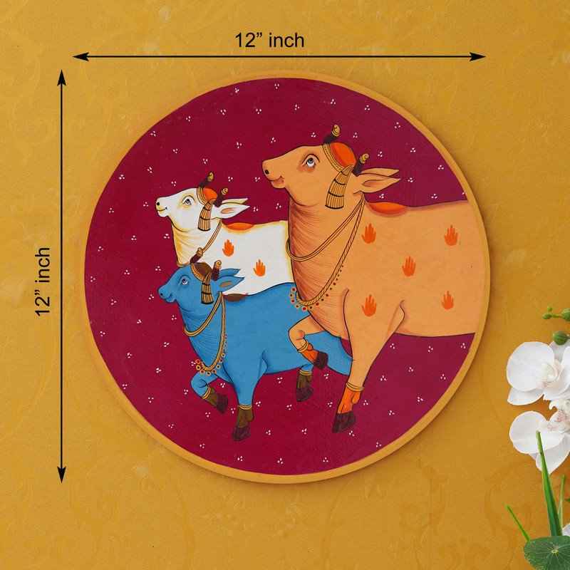 Hand-Painted Pichwai Plate-Lotus Garland Cow Design (12x12 Inches)