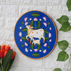 Artisan Pichwai Wooden Wall Plate-Folk Cow with Mandala Backdrop (12x12 Inches)