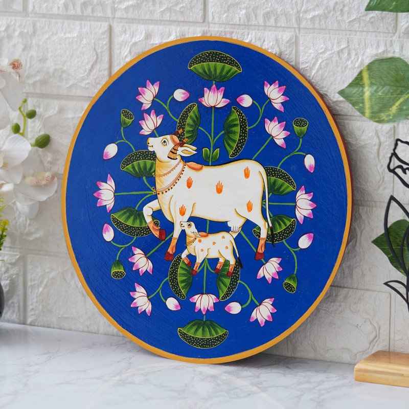 Artisan Pichwai Wooden Wall Plate-Folk Cow with Mandala Backdrop (12x12 Inches)