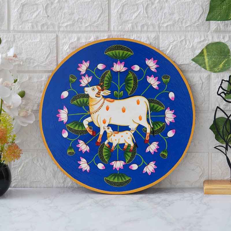 Artisan Pichwai Wooden Wall Plate-Folk Cow with Mandala Backdrop (12x12 Inches)