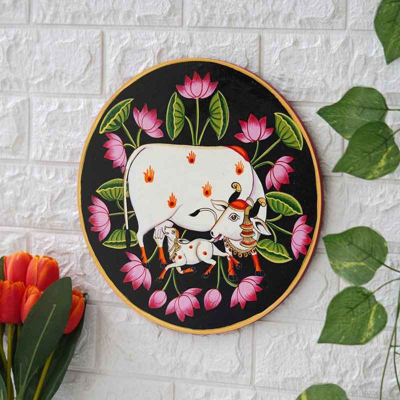 Premium Pichwai Wall Plate-Holy Cow-Floral Border Design (12x12 Inches)
