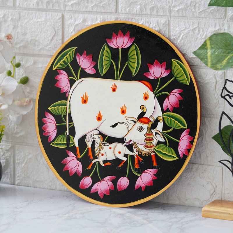 Premium Pichwai Wall Plate-Holy Cow-Floral Border Design (12x12 Inches) - Navkar Handicrafts