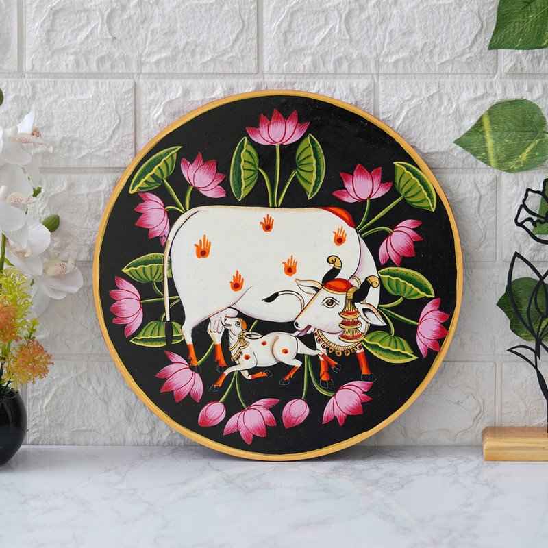 Premium Pichwai Wall Plate-Holy Cow-Floral Border Design (12x12 Inches)