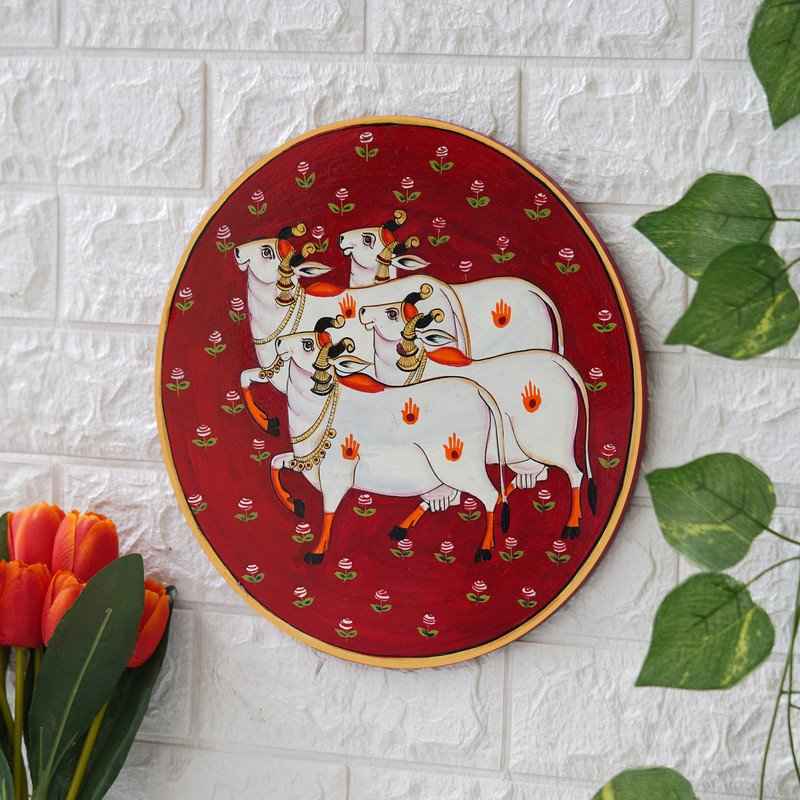 Rajasthani Pichwai Wall Art-Wooden Plate with Devotional Motif (12x12 Inches)