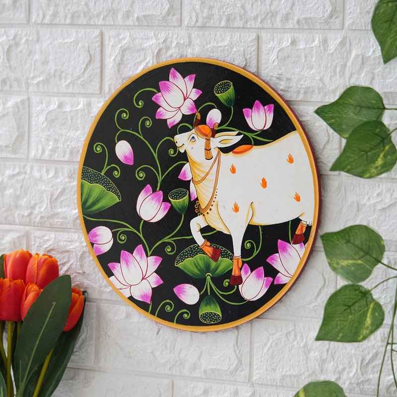 Handcrafted Cow Wall Plate-Pichwai Temple Design on Wood (12x12 Inches)