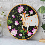 Handcrafted Cow Wall Plate-Pichwai Temple Design on Wood (12x12 Inches)