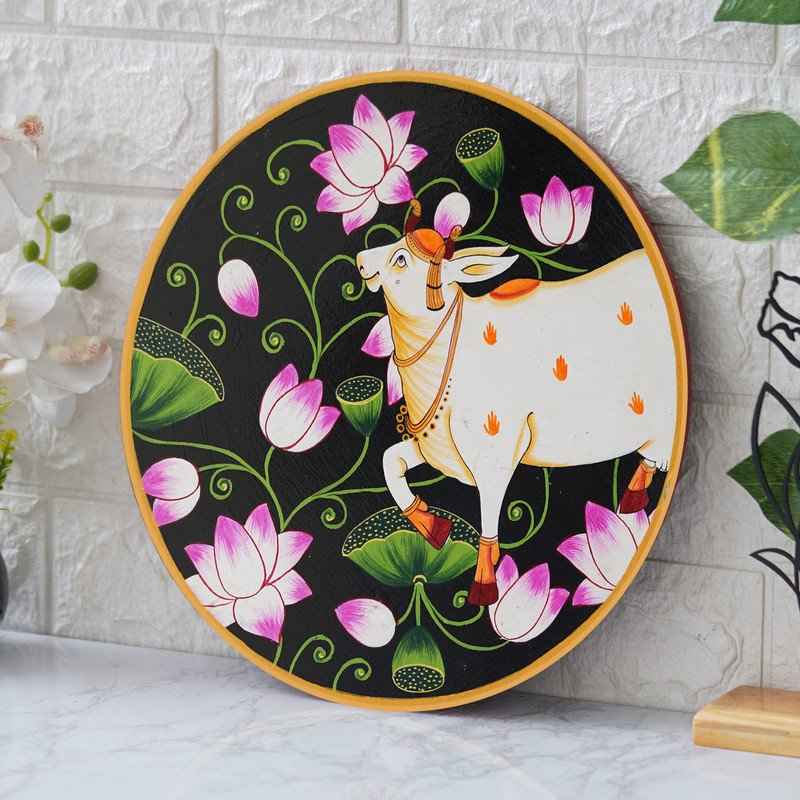 Handcrafted Cow Wall Plate-Pichwai Temple Design on Wood (12x12 Inches)