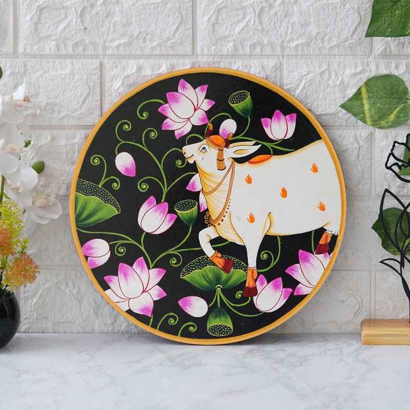 Handcrafted Cow Wall Plate-Pichwai Temple Design on Wood (12x12 Inches)