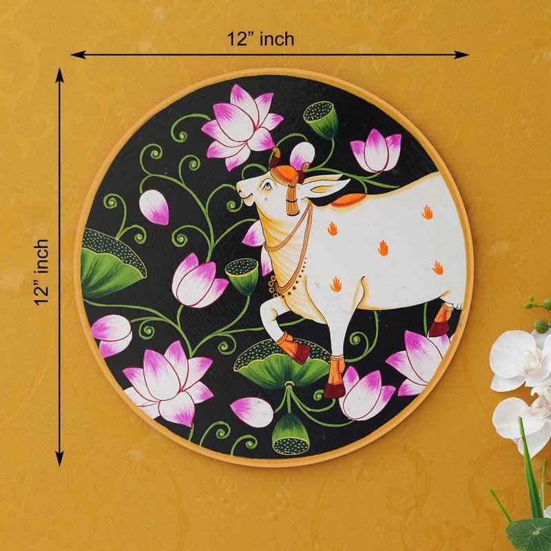 Handcrafted Cow Wall Plate-Pichwai Temple Design on Wood (12x12 Inches)