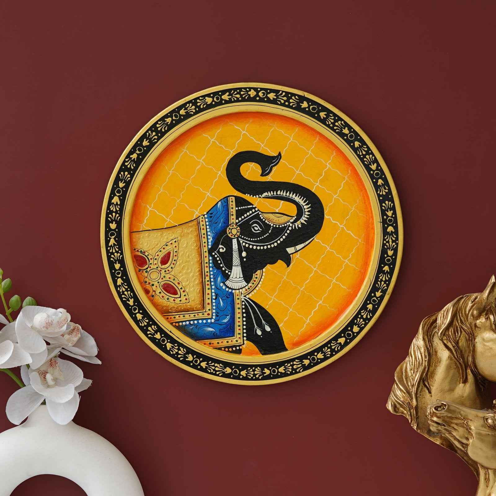 Pichwai Inspired Wall Plate-Cow with Ornamental Bell Artwork (12x12 Inches)