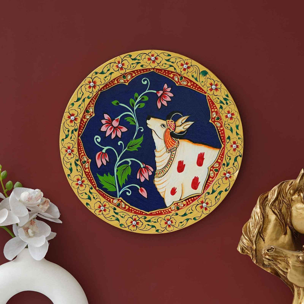 Pichwai Art Decor Plate-Spiritual Cow-Tree Theme on Wood (12x12 Inches)