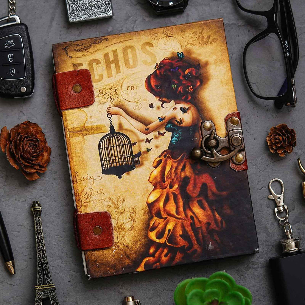 Handmade Printed Cardboard Journal Diary with Buckle Lock-200 Pages Notepad For Men and Women -13
