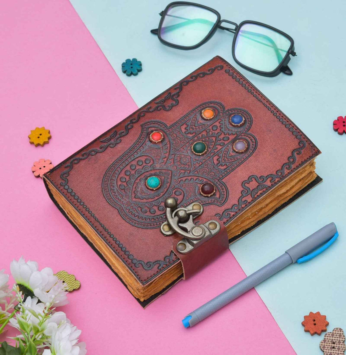 Genuine Leather Diary-Vintage Handmade Leather Journal-Premium Antique LOCK Closure-200 Handmade Deckle Edge Antique Pages -18