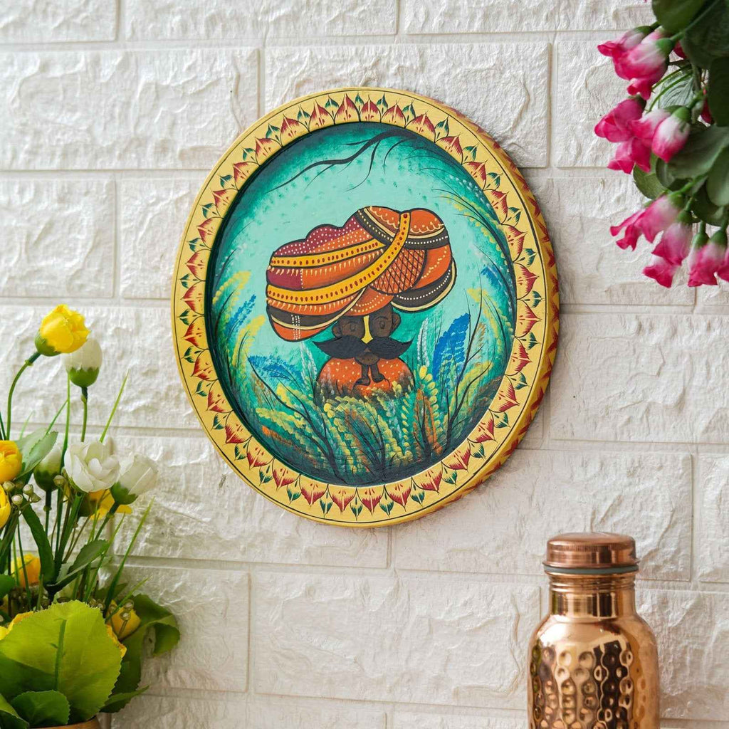 Wooden Pichwai Wall Plate-Lotus Crown Cow Design, Handcrafted (12x12 Inches)