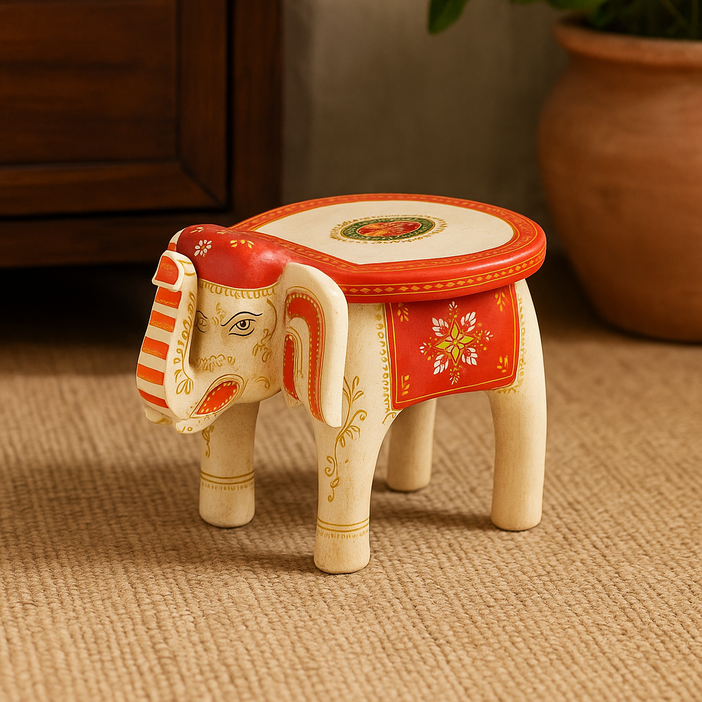 Hand-Painted Wooden Elephant Stool | Decorative Wooden Bajot Table (7x5x6 in) - Navkar Handicrafts