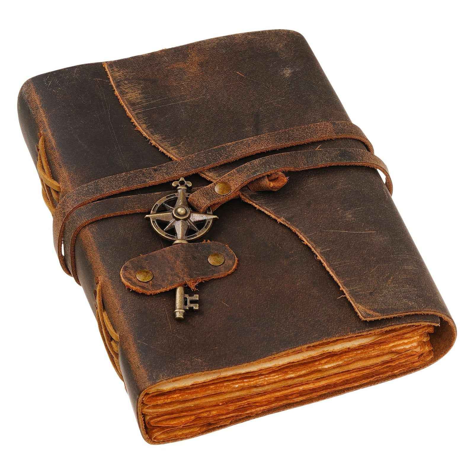 Vintage Handmade Genuine Leather Journal-Premium Antique Key Design String Closure-200 Handmade Brown Pages -3