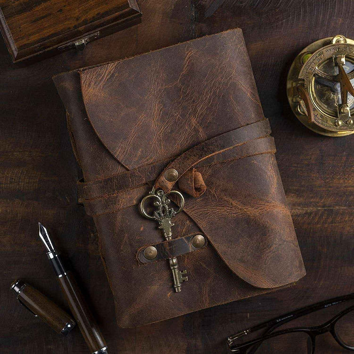 Genuine Leather Diary-Vintage Handmade Leather Journal-Premium Antique Key Closure-200 Handmade Deckle Edge Antique Pages
