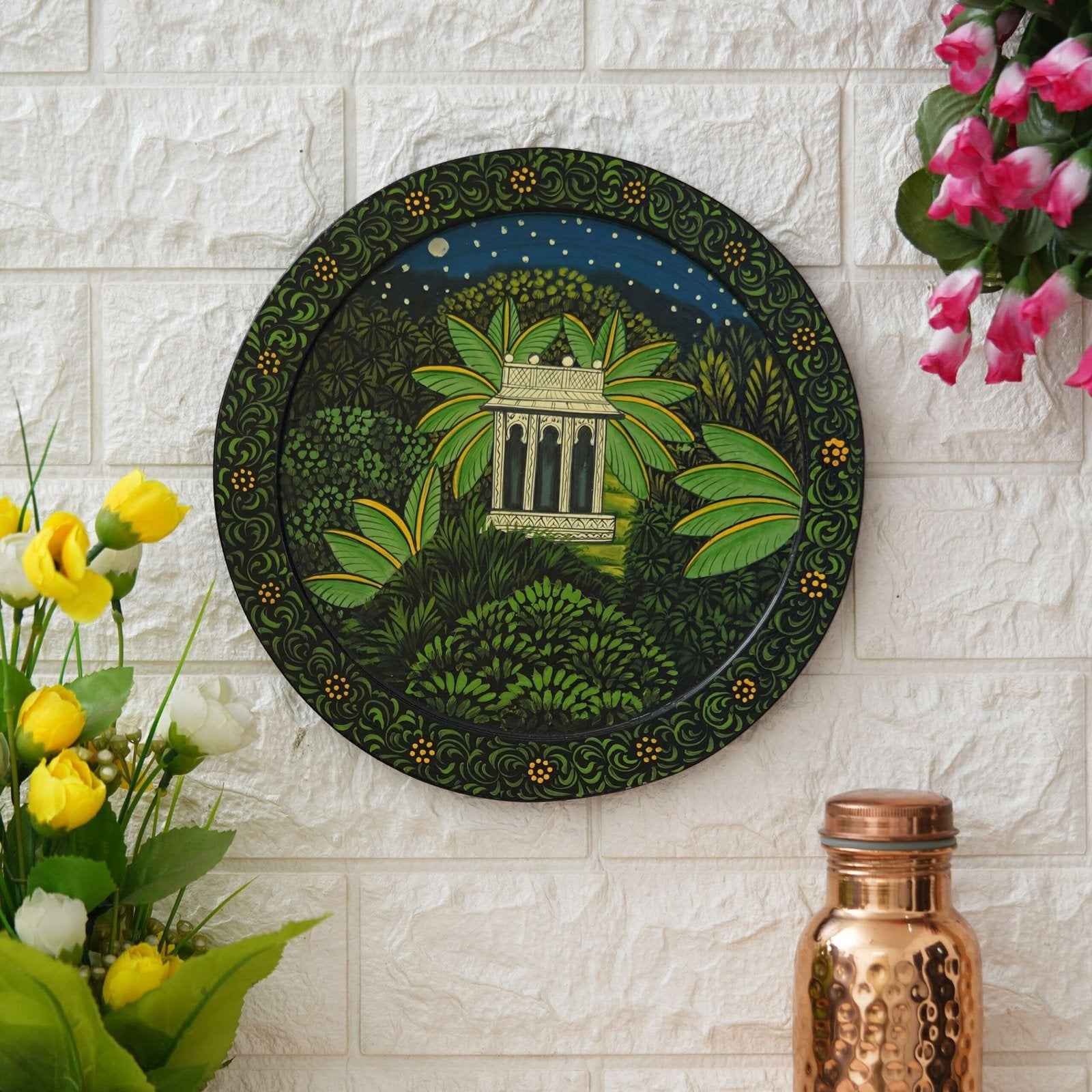 Handcrafted Wooden Wall Plate-Rajasthani Cow-Kalash Artwork (12x12 Inches)