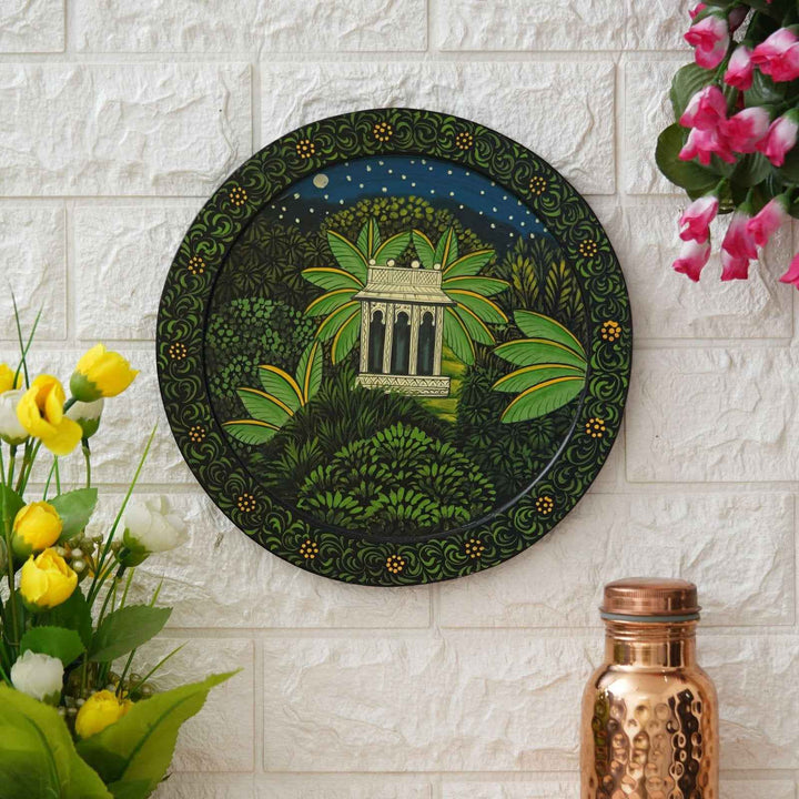 Handcrafted Wooden Wall Plate-Rajasthani Cow-Kalash Artwork (12x12 Inches)