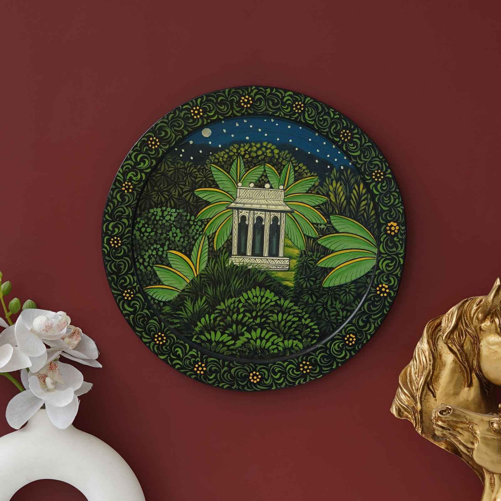 Handcrafted Wooden Wall Plate-Rajasthani Cow-Kalash Artwork (12x12 Inches)