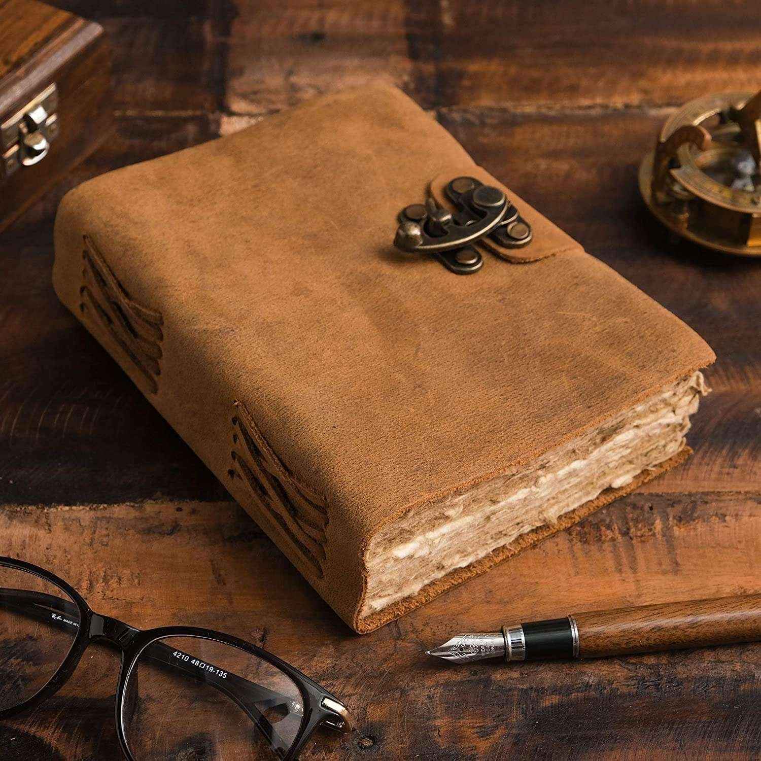 Genuine Leather Diary-Vintage Handmade Leather Journal-Premium Antique LOCK Closure-200 Handmade Deckle Edge Antique Pages -3