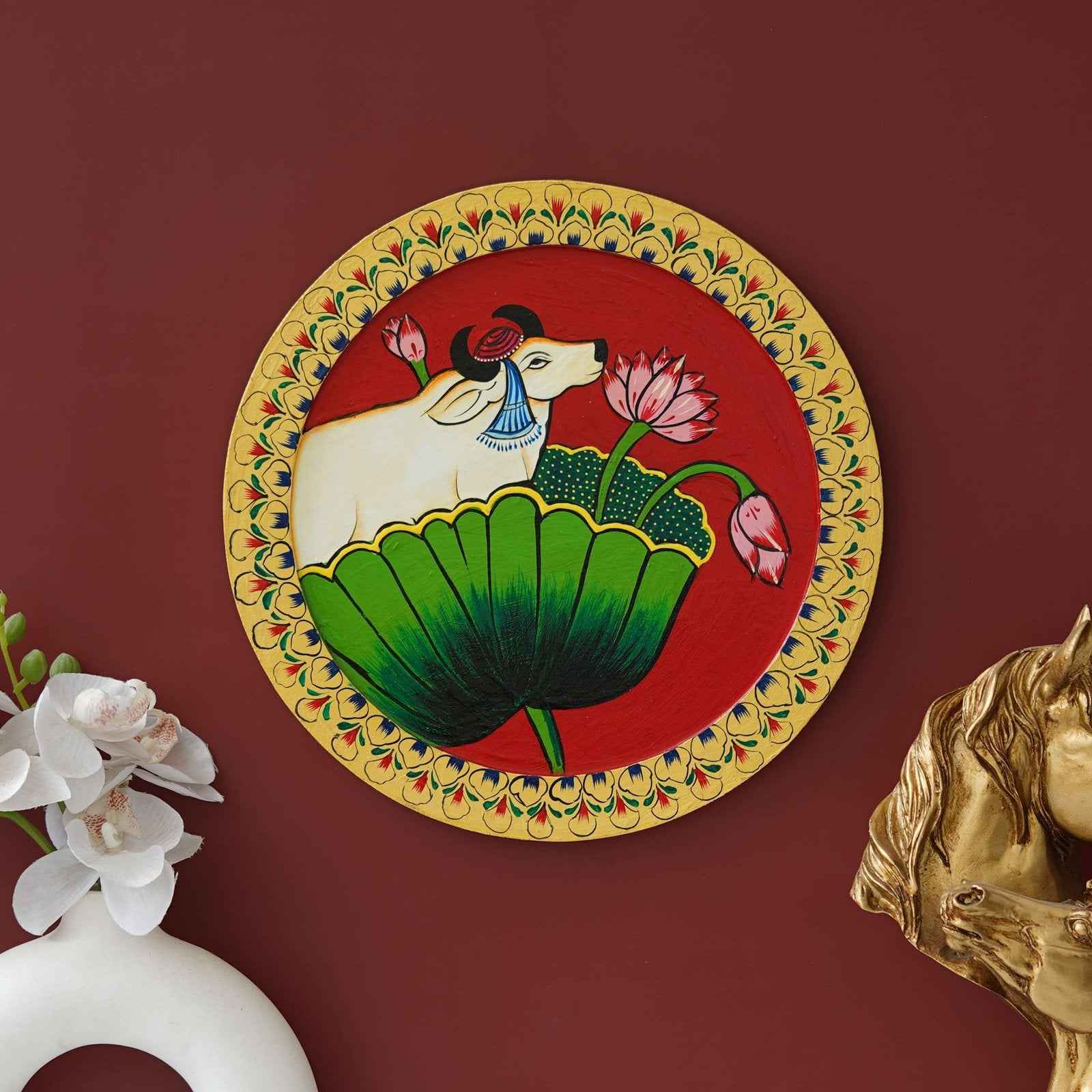 Handmade Ethnic Wall Plate-Pichwai Cow Art for Living Room (12x12 Inches)