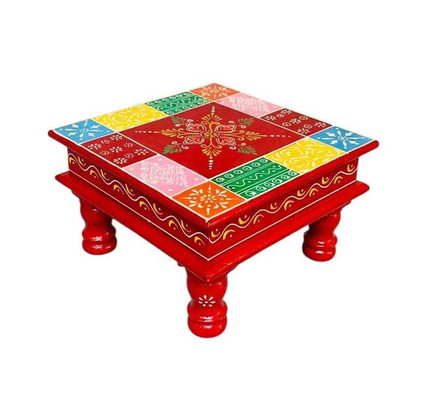 Hand-Painted Square Wooden Chowki – Multicolor Patchwork Design (10x10x6 inch)