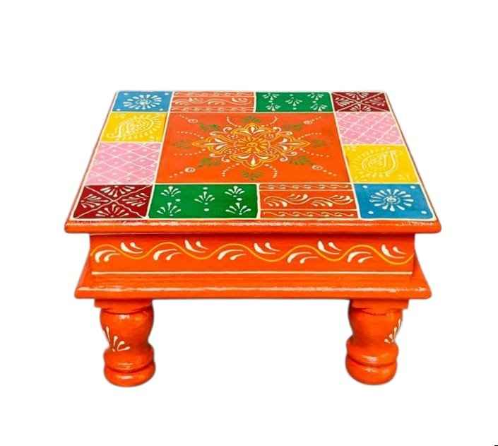 Hand-Painted Square Wooden Chowki – Multicolor Patchwork Design (10x10x6 inch)