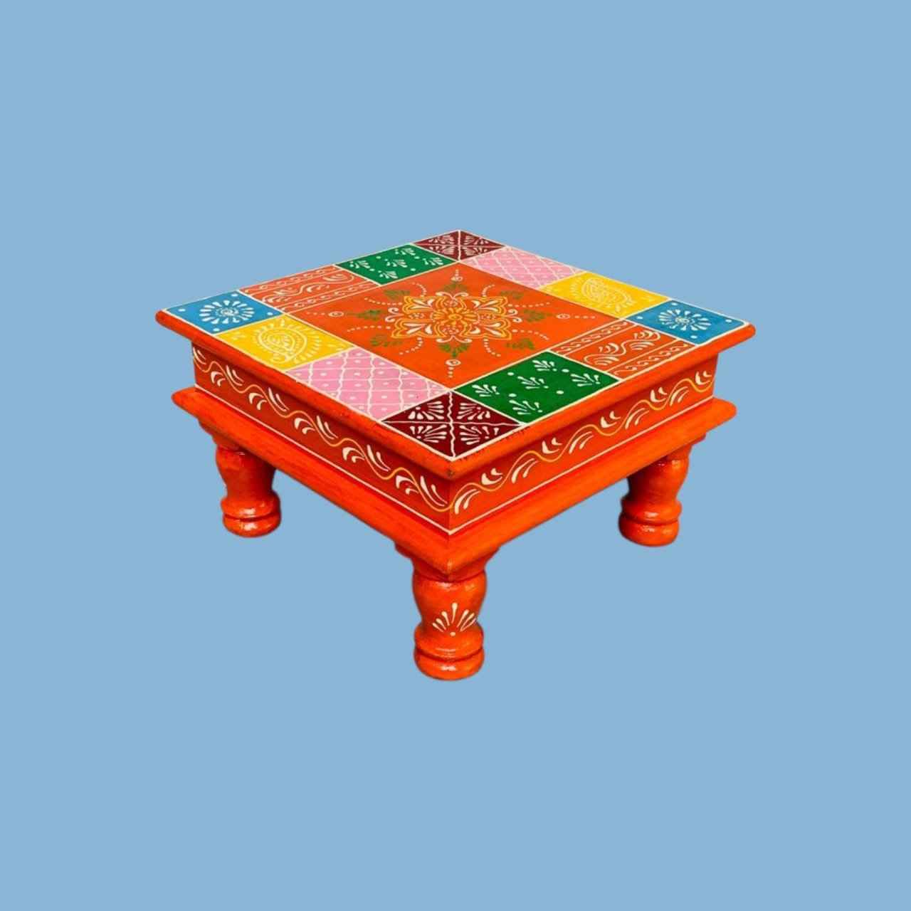 Hand-Painted Square Wooden Chowki – Multicolor Patchwork Design (10x10x6 inch)