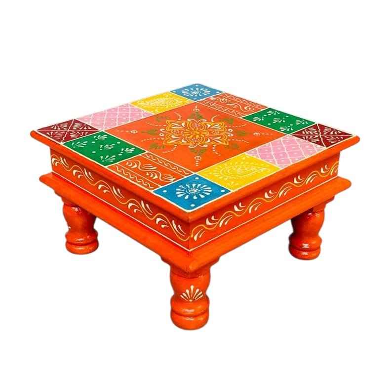 Hand-Painted Square Wooden Chowki – Multicolor Patchwork Design (10x10x6 inch)