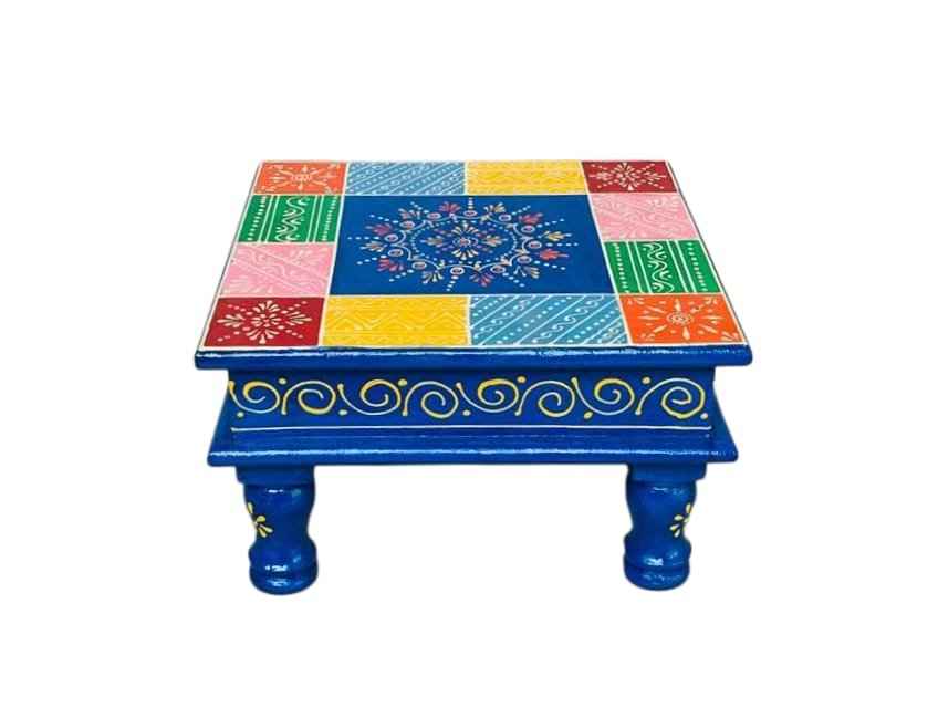 Hand-Painted Square Wooden Chowki – Multicolor Patchwork Design (10x10x6 inch)