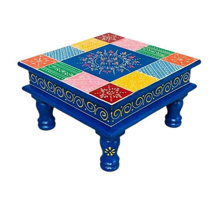 Hand-Painted Square Wooden Chowki – Multicolor Patchwork Design (10x10x6 inch)