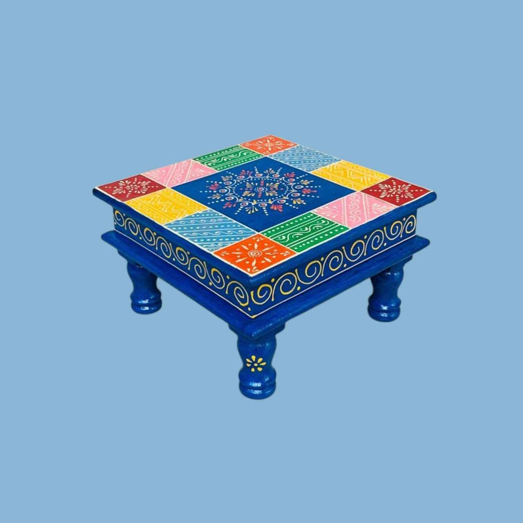 Hand-Painted Square Wooden Chowki – Multicolor Patchwork Design (10x10x6 inch)