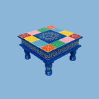 Hand-Painted Square Wooden Chowki – Multicolor Patchwork Design (10x10x6 inch)