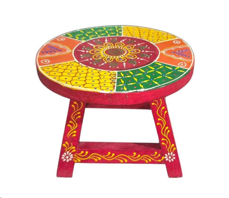 Hand-Painted Wooden Chowki Stool – Multicolor Traditional Design (7x7x5 inch)