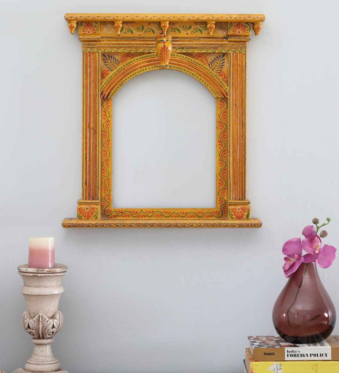 Rajasthani Wooden Jharokha –Yellow Mirror & Photo Frame (14 inch)
