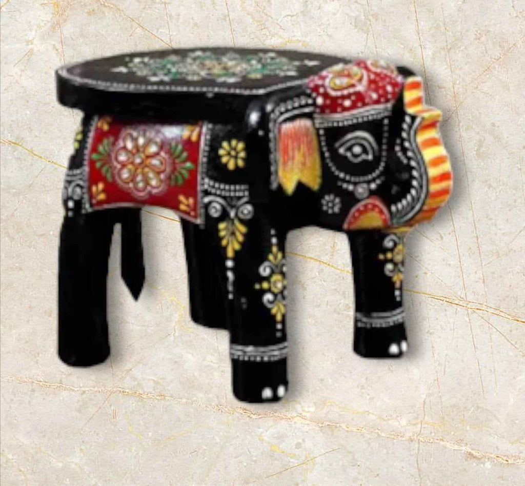 Hand-Painted Wooden Elephant Stool | Decorative Bajot Table for Home Decor (Ethnic Art)