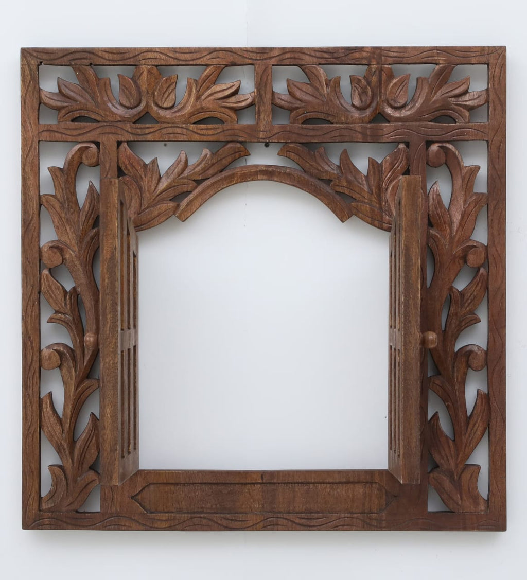 Hand-Carved Rustic Wood Window Frame Wall Art with Doors - 24" x 24"