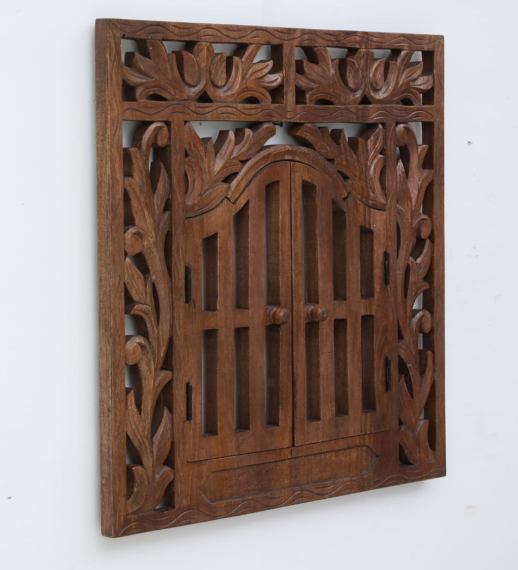 Hand-Carved Rustic Wood Window Frame Wall Art with Doors - 24" x 24"