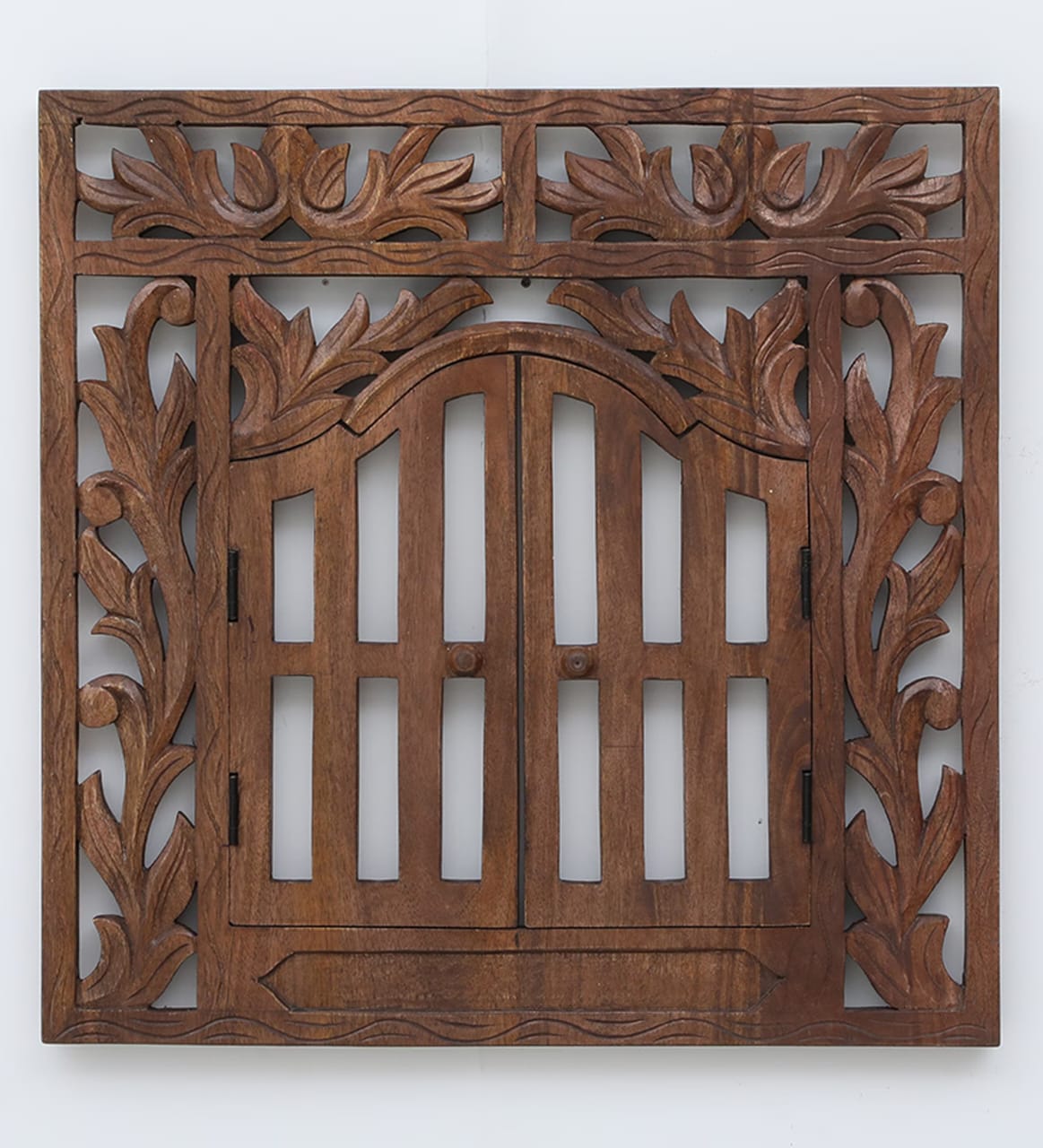 Hand-Carved Rustic Wood Window Frame Wall Art with Doors - 24" x 24"