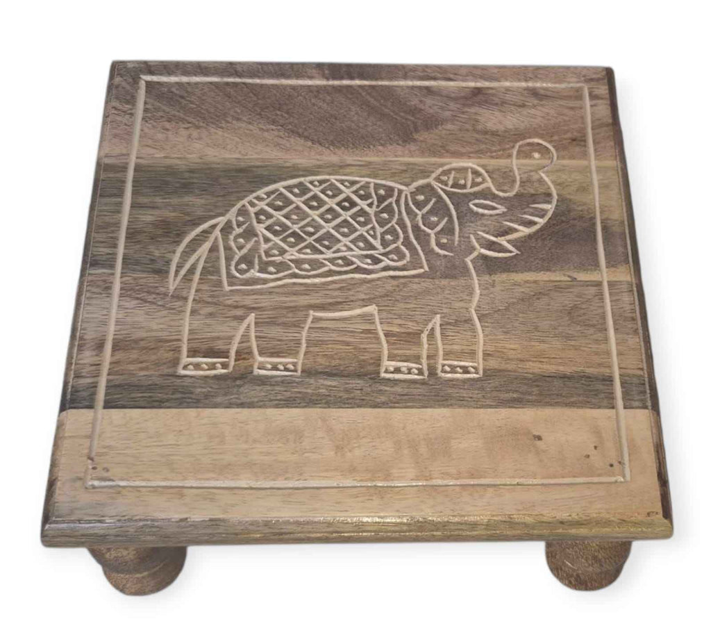 White Handcrafted Wooden Stool with Elephant Carving
