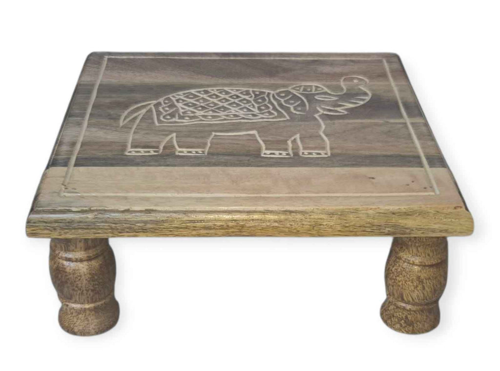 White Handcrafted Wooden Stool with Elephant Carving
