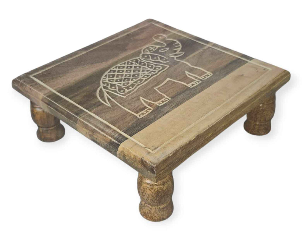 White Handcrafted Wooden Stool with Elephant Carving