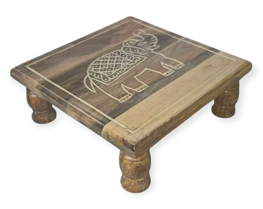 White Handcrafted Wooden Stool with Elephant Carving
