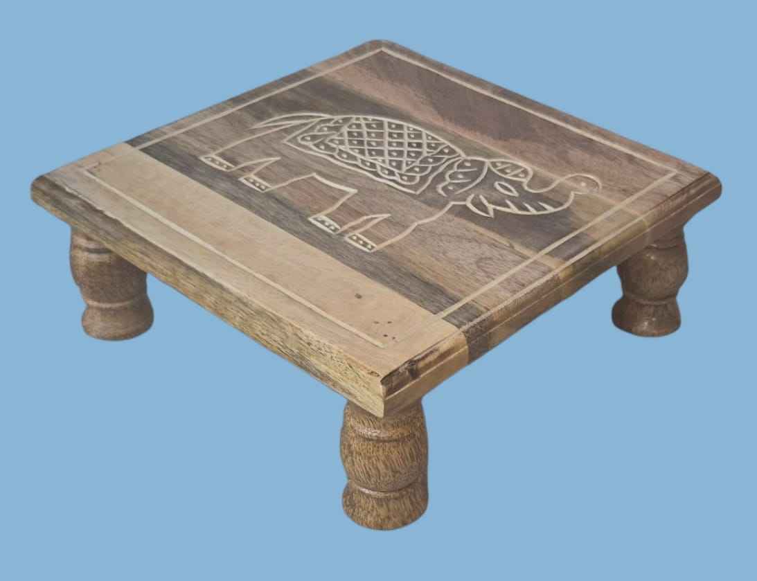 White Handcrafted Wooden Stool with Elephant Carving