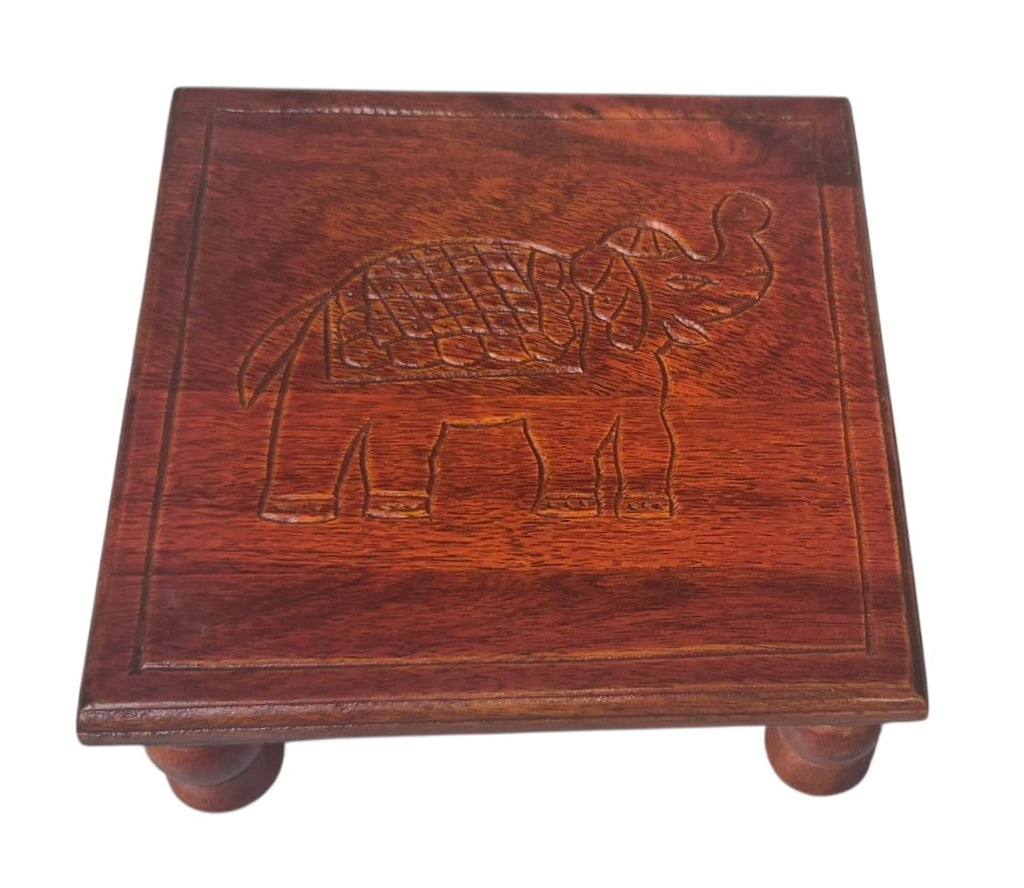 Handcrafted Wooden Stool with Elephant Carving - Navkar Handicrafts